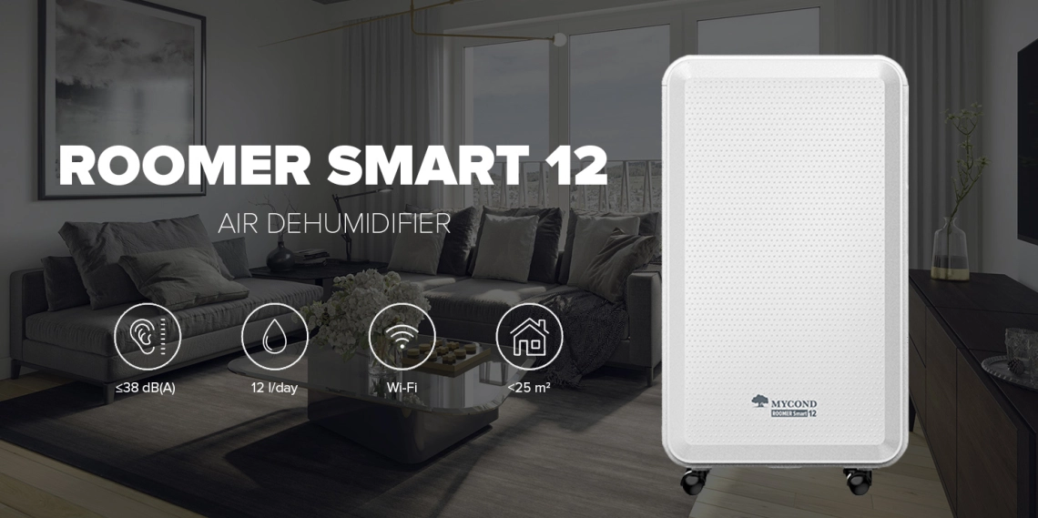 Ein kompakter MyCond Roomer Smart 12 Luftentfeuchter, der für die Verwendung in Wohnräumen konzipiert wurde.