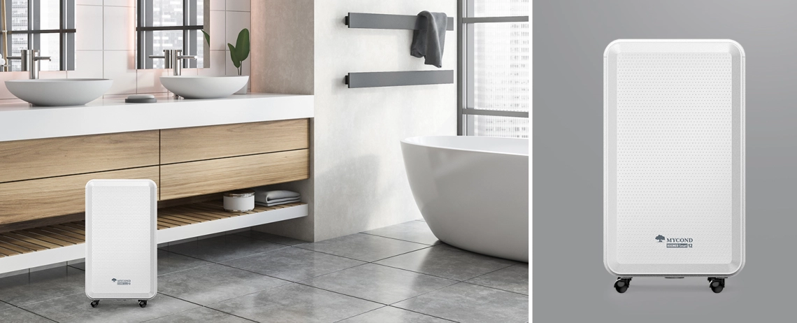 MyCond Roomer Smart 12 Ein kompakter Luftentfeuchter, ideal für den Einsatz im Badezimmer.