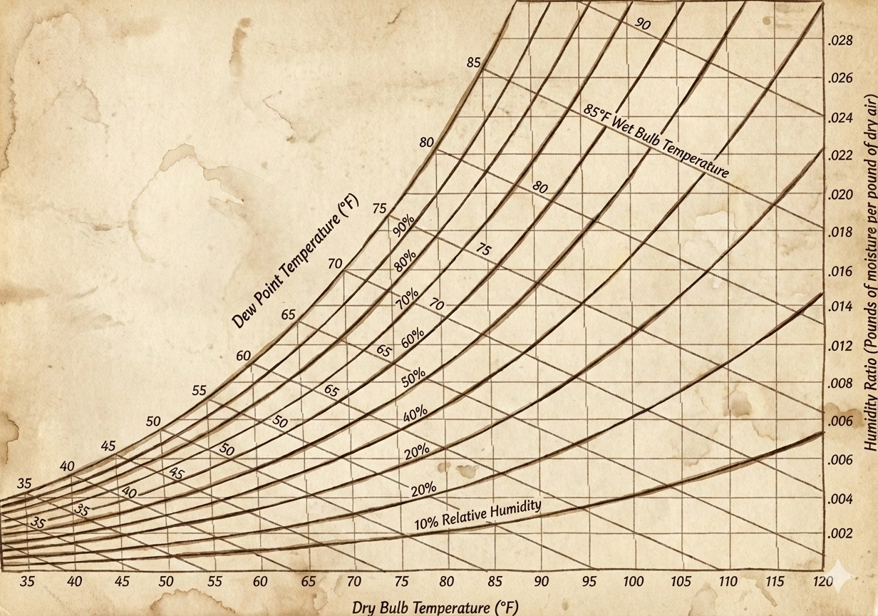 Psychrometrisches Diagramm. Sieben Schlüsselparameter feuchter Luft für HLK